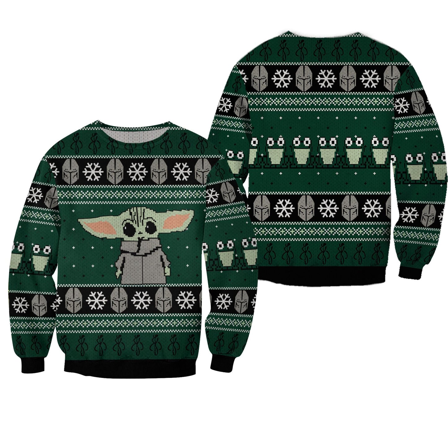 SW Sweater Mandalorian Christmas Sweater Mandalorian Helmet Pattern Grogu Green Ugly Sweater