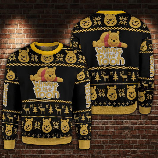 DN Chrsitmas Ugly Sweater Winnie The Pooh Christmas Snowflakes Reindeer Black Yellow Sweater