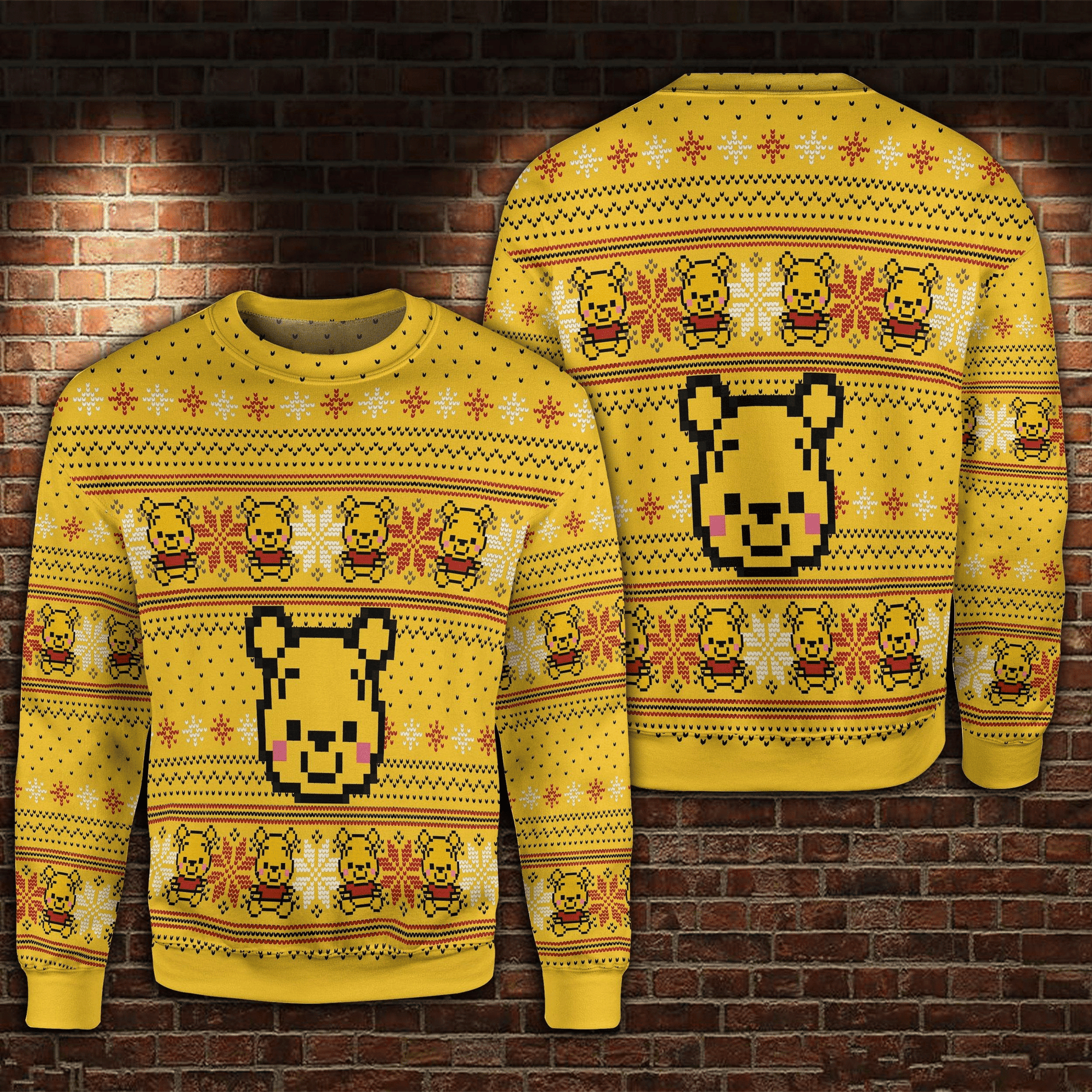 DN Chrsitmas Ugly Sweater Winnie The Pooh Christmas Pattern Yellow Sweater