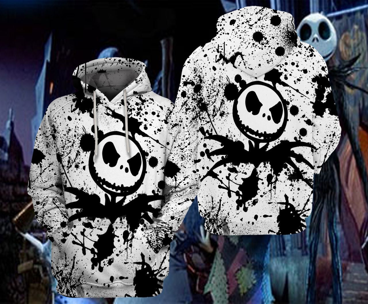  Nightmare Before Christmas Hoodie Jack Skellington Splatter Color Black White Hoodie Adult Unisex Full Size