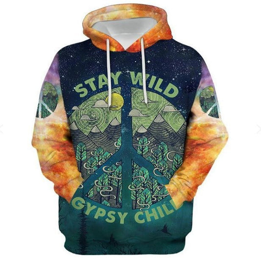  Hippie Apparel Stay Wild Gypsy Child Peace Sign Mountain Galaxy Orange Green Hoodie Adult Unisex Full Print