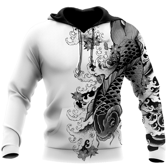  Japan Hoodie Japan Koi Fish Tattoo Japan Culture Black White Hoodie Adult Full Print