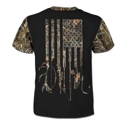  Hunting T-shirt Hunting And Fishing Deer Skull American Flag Camourflage Black T-shirt Hunter Gift Adult Full Print