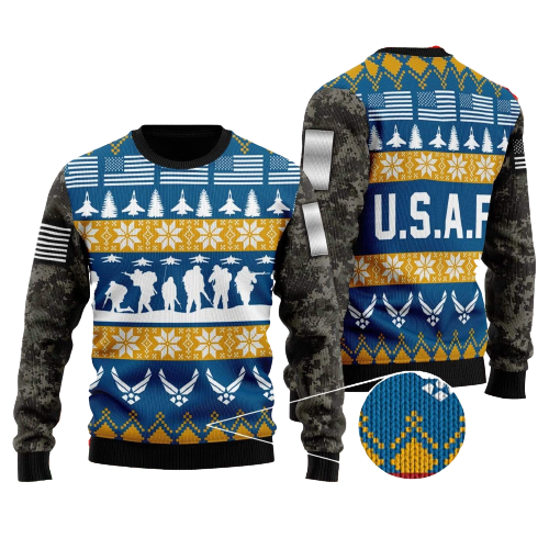 Unifinz Veteran Sweater Soldier US Air Force Grey Blue Veteran Christmas Ugly Sweater 2023