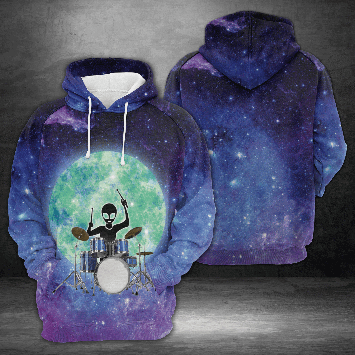 Unifinz Alien Hoodie Alien Playing Drum Full Moon Blue Galaxy Hoodie Apparel Adult Full Print 2022