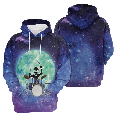 Unifinz Alien Hoodie Alien Playing Drum Full Moon Blue Galaxy Hoodie Apparel Adult Full Print 2022