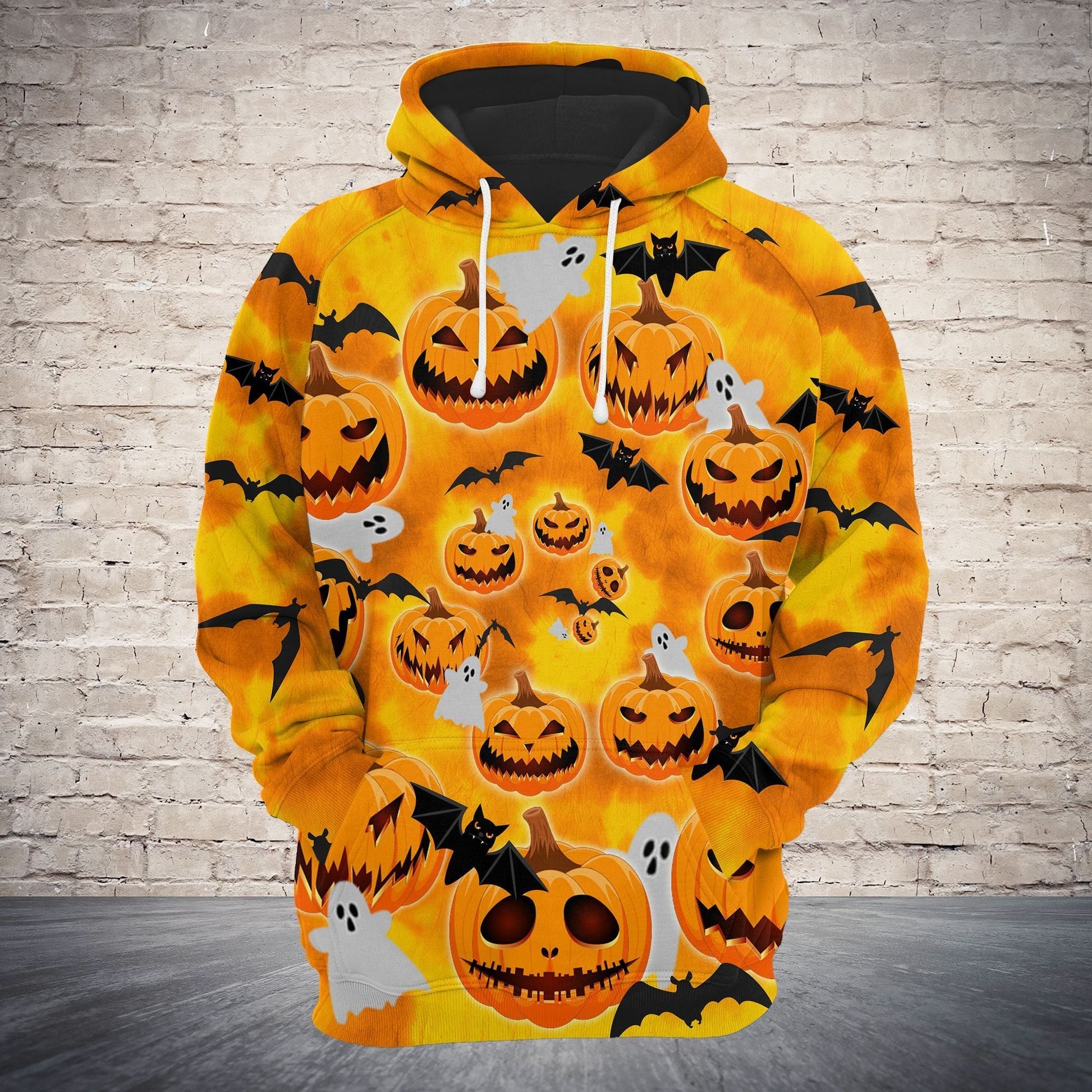 Halloween Hoodie Pumpkin Hoodie Scary Face Pumpkin Ghost And Bats Tie Dye Orange Hoodie