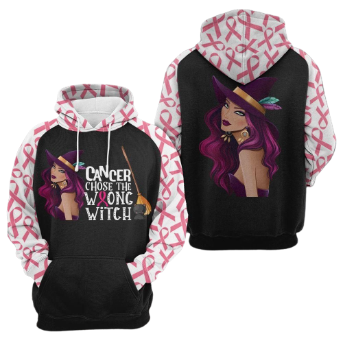  Breast Cancer Hoodie Cancer Choose The Wrong Witch Breast Cancer Ribbon Pattern Black White Hoodie Apparel