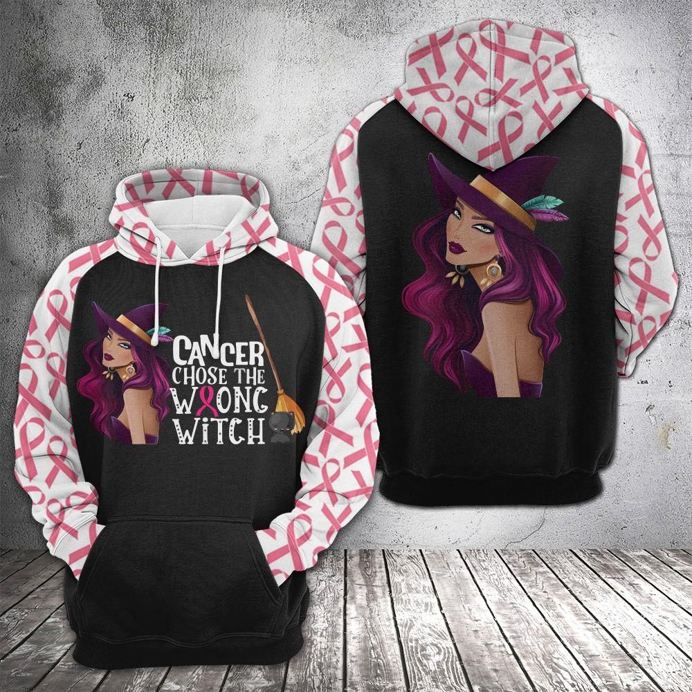  Breast Cancer Hoodie Cancer Choose The Wrong Witch Breast Cancer Ribbon Pattern Black White Hoodie Apparel