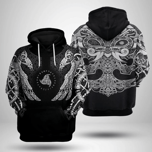 Viking Hoodie Viking Ravens The Triple Horn Symbol Norse Tattoo Art Style Black Hoodie Adult Full Print