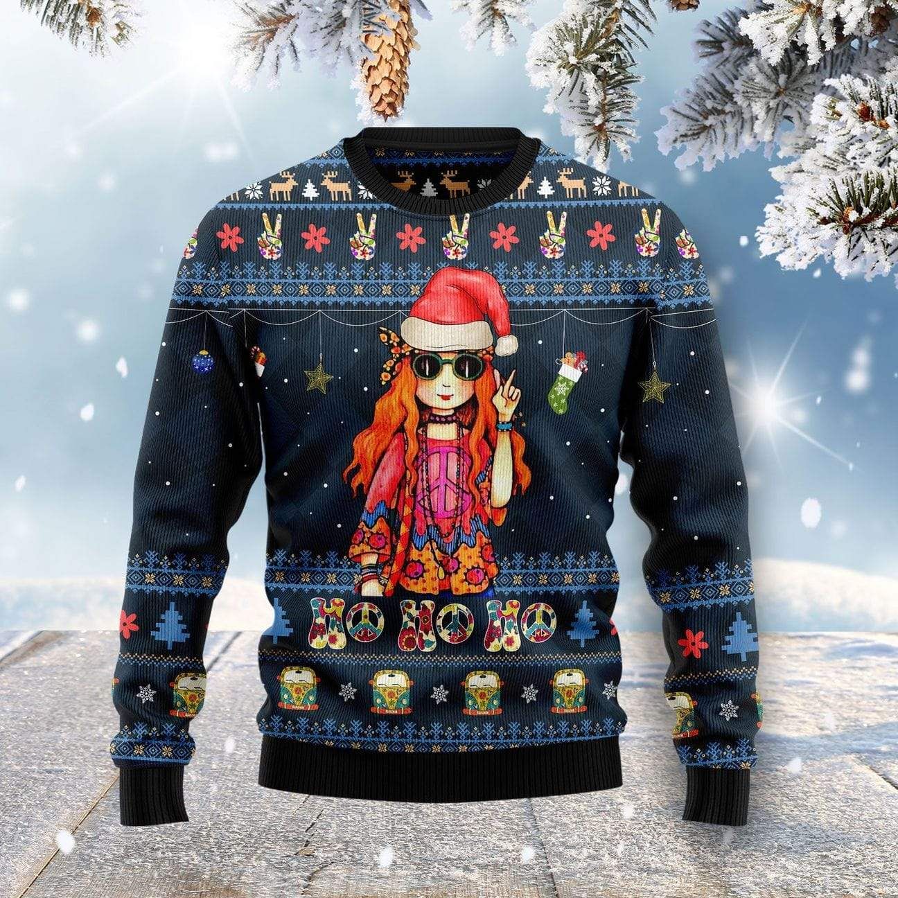  Hippie Sweater Hippie Girl Ho Ho Ho Christmas Pattern Dark Blue Ugly Sweater