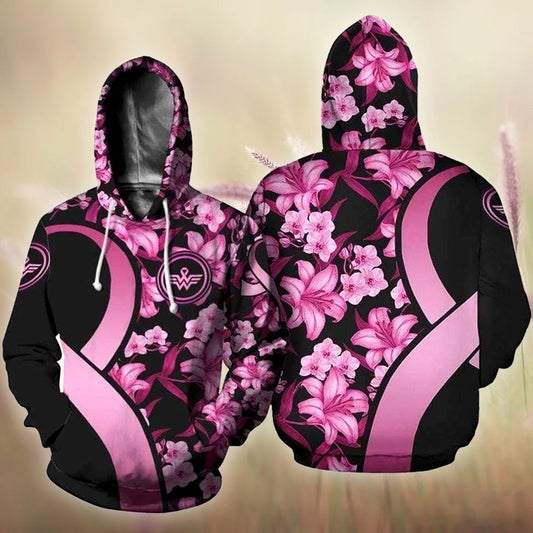  Breast Cancer Hoodie Breast Cancer Flowers Pattern Black Pink Hoodie Adult Full Size Women