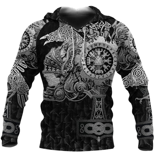  Viking Hoodie Viking Valkyrie With Raven Hammer Vegvisir The Viking Compass Black And White Hoodie Adult Full Size