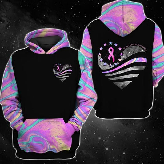  Breast Cancer Hoodie Breast Cancer Awareness Heart Shape Holographic Color Black Hoodie Adult Full Print Full Size