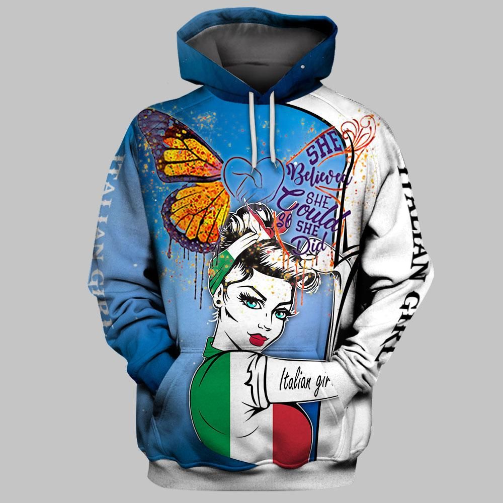  Italy Hoodie Italian Girl She Believe She Could So She Did Blue White Hoodie Women Adult Full Print