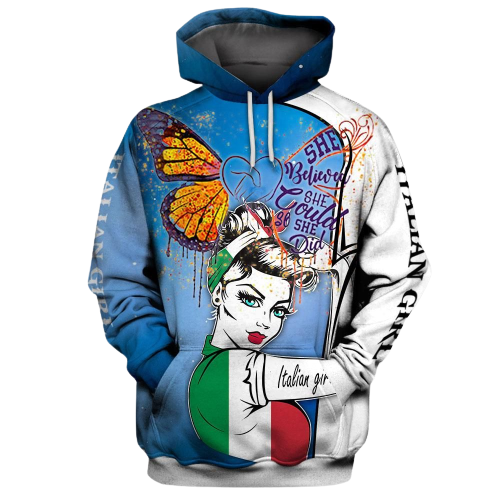  Italy Hoodie Italian Girl She Believe She Could So She Did Blue White Hoodie Women Adult Full Print