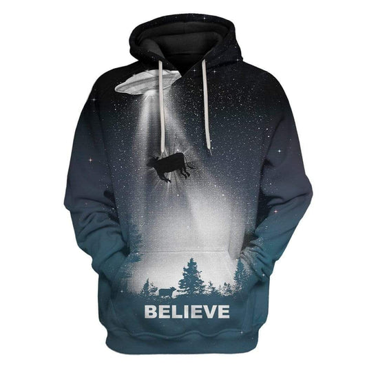 Unifinz UFO Hoodie UFO Cow Abduction Black Hoodie Apparel Adult Unisex Full Print 2022