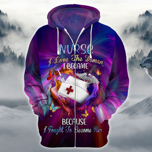 Unifinz Nurse Apparel Nurse I Love The Woman I Became Purple Butterfly Hoodie Nurse Hoodie 2022