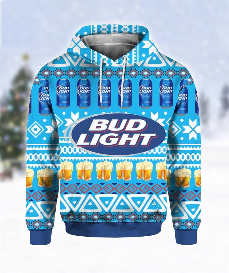  Beer Hoodie Bud Light Beer Cups And Cans Pattern Blue Hoodie Apparel For Fan Adult Women Men Full Size