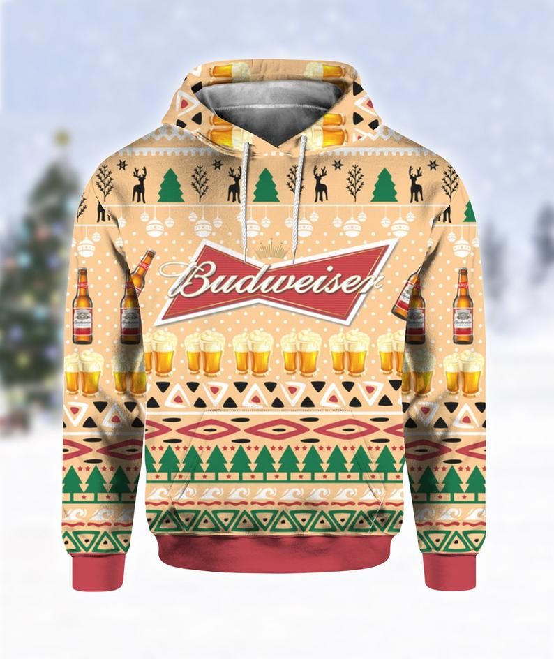  Beer Hoodie Budweiser Beer Bottle Christmas Pattern Muticolor Hoodie Apparel For Beer Lover Adult Colorful Full Print