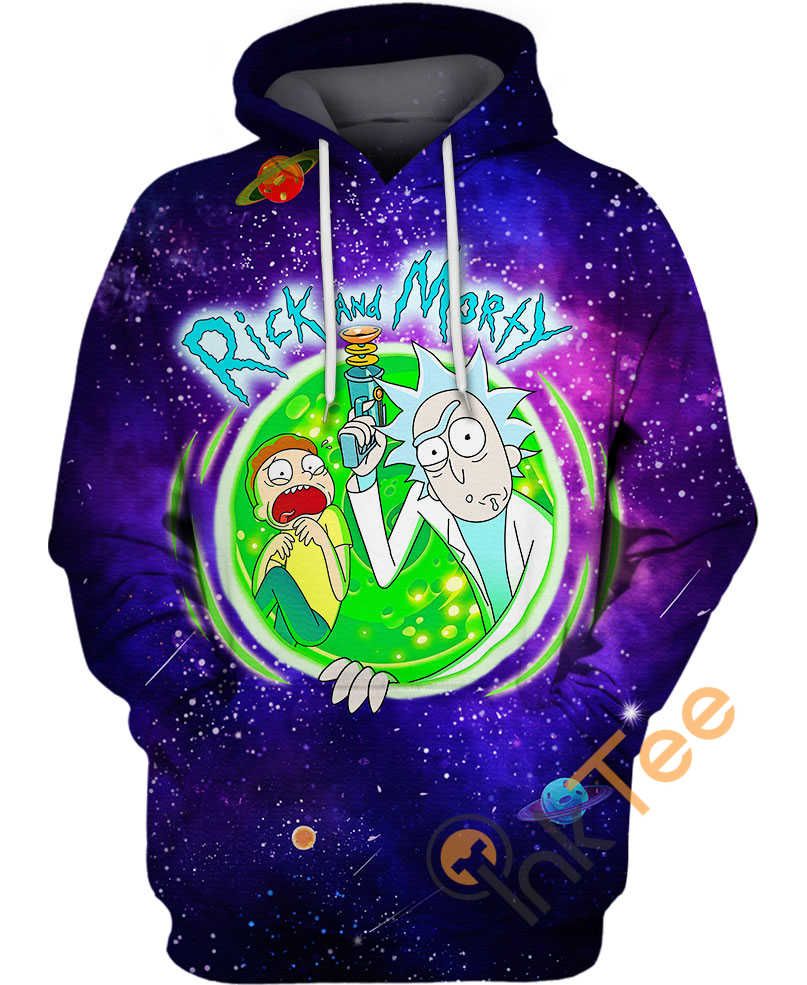  Rick And Morty Hoodie Rick And Morty With Laser Gun Through Portal Galaxy Blue Hoodie Apparel Fll Print Women Men