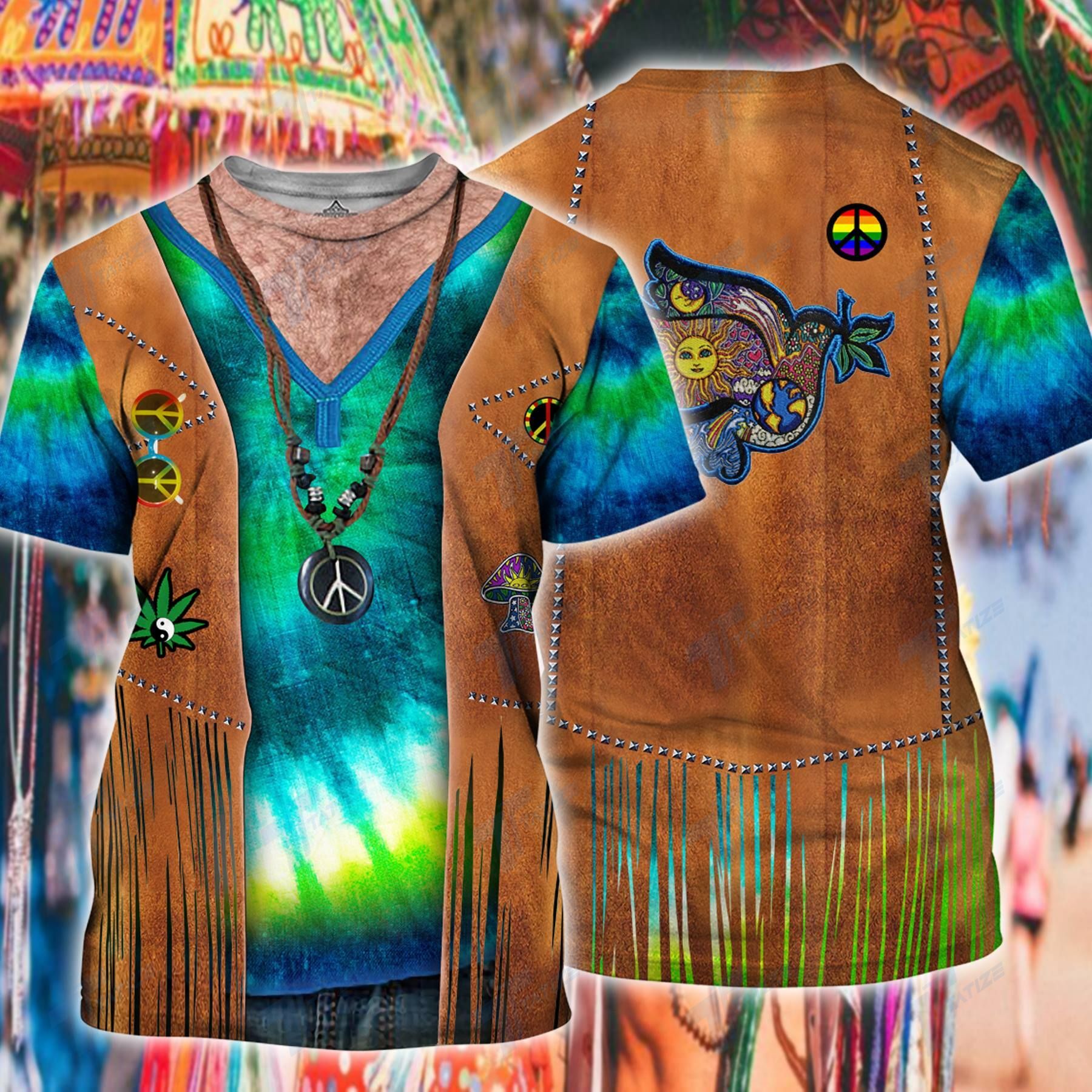  Hippie T-shirt Peace Pigeon Symbol Wearing Hippie Top Costume T-shirt Apparel Adult Full Print Full Size