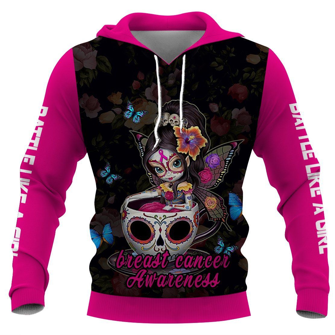  Breast Cancer Hoodie Breast Cancer Awareness Girl Battle Fairy Sugar Skull Pink Hoodie Apparel Full Print Full Size