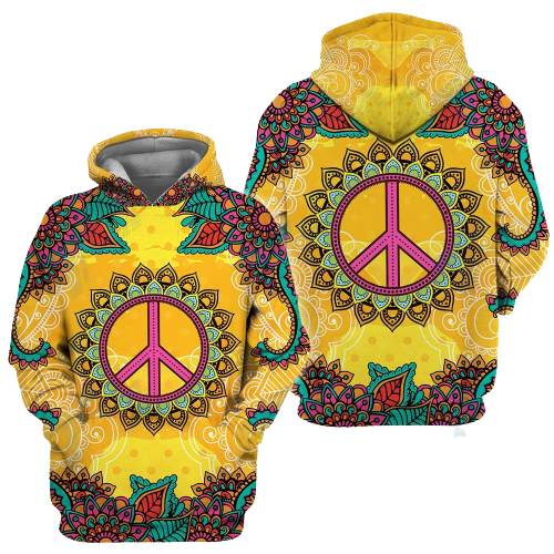 Hippie Hoodie Peace Symbol Flower Yellow T-shirt Hoodie Adult Full Size Colorful