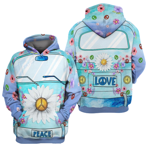  Hippie Hoodie Hippie Van Flower Peace Love Blue T-shirt Hoodie Adult Full Print