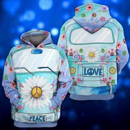  Hippie Hoodie Hippie Van Flower Peace Love Blue T-shirt Hoodie Adult Full Print