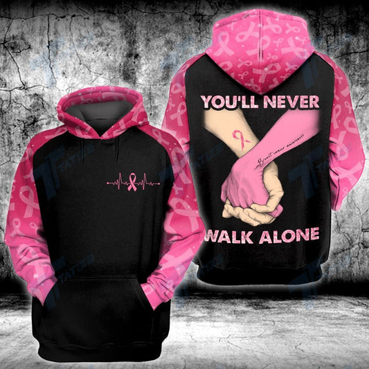  Breast Cancer T-shirt Breast Cancer You Never Walk Alone Holding Hand Pink Black T-shirt Breast Cancer Hoodie