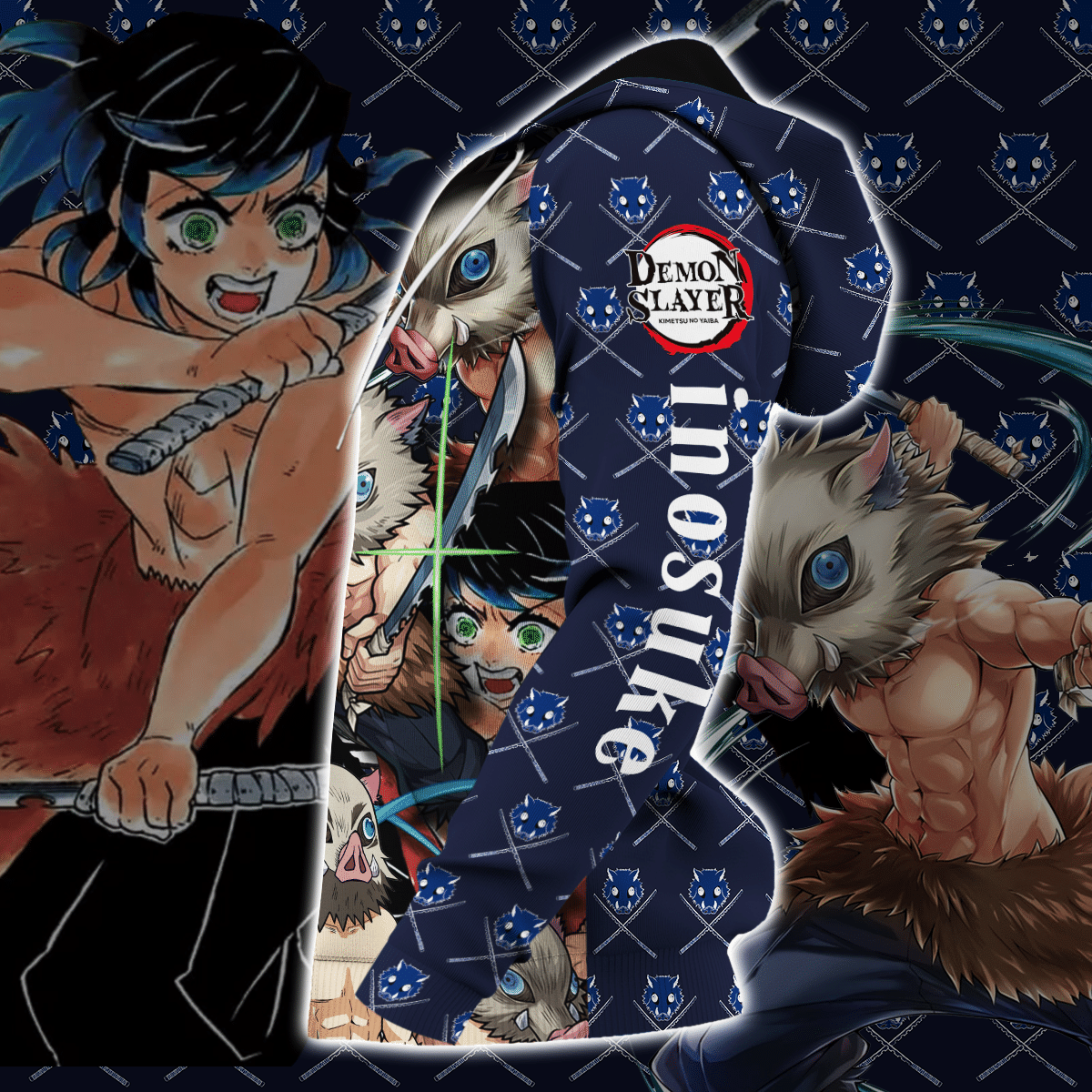 Unifinz Demon Slayer Hoodie Inosuke Pig Head Pattern Blue Zip Hoodie Kimetsu No Yaiba Hoodie Demon Slayer Apparel 2022