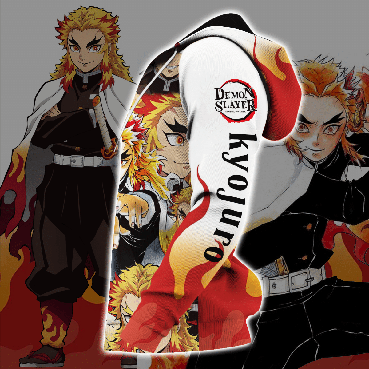 Unifinz Demon Slayer Hoodie Rengoku Kyojuro Fire Kimetsu No Yaiba Logo White Zip Hoodie Demon Slayer Apparel 2022