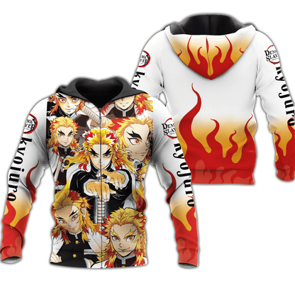 Unifinz Demon Slayer Hoodie Rengoku Kyojuro Fire Kimetsu No Yaiba Logo White Zip Hoodie Demon Slayer Apparel 2022