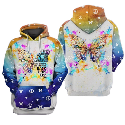  Hippie T-shirt Butterfly They Whispered To Her You Can't Withstand The Storm Blue T-shirt Hoodie Adult Unisex Full Print