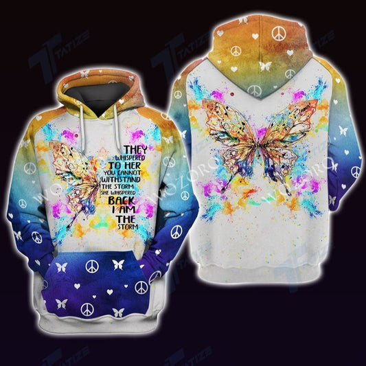  Hippie T-shirt Butterfly They Whispered To Her You Can't Withstand The Storm Blue T-shirt Hoodie Adult Unisex Full Print