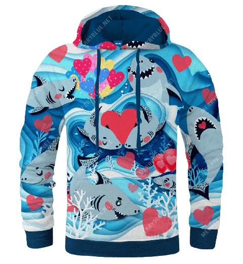 Shark Hoodie Love Couple Shark Hearts Cute Blue Hoodie Shark Week Hoodie Adult Full Size