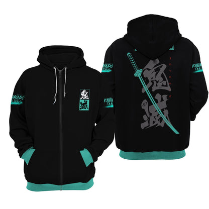 Unifinz Demon Slayer Hoodie Tanjiro Kamado Sword Green Black Zip Hoodie Demon Slayer Apparel 2022