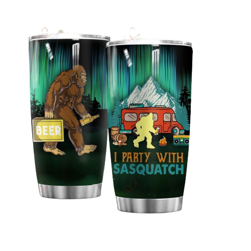 Unifinz Bigfoot Camping Tumbler Cup 20 oz I Party With Sasquatch Beer Bigfoot Tumbler Bigfoot Tumbler Cup