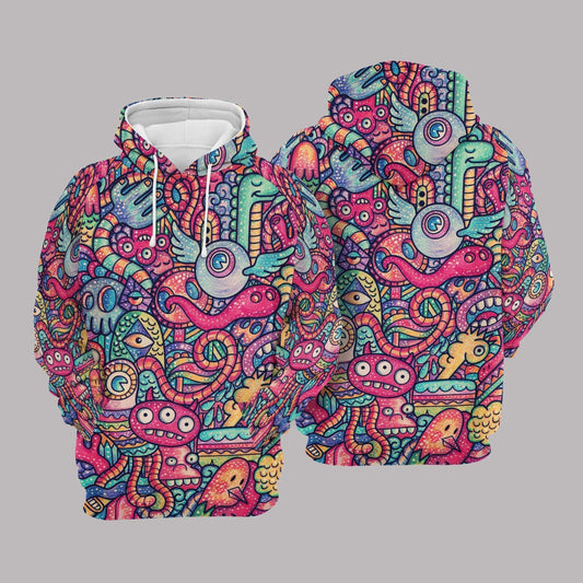 Unifinz Alien Hoodie Alien Doodle Art Pink Blue Hoodie Apparel Adult Unisex Full Print 2022