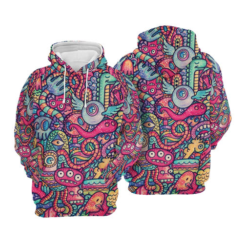Unifinz Alien Hoodie Alien Doodle Art Pink Blue Hoodie Apparel Adult Unisex Full Print 2022