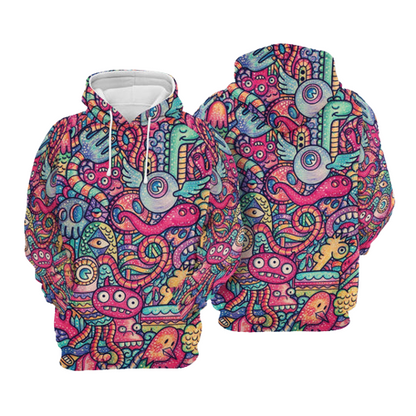 Unifinz Alien Hoodie Alien Doodle Art Pink Blue Hoodie Apparel Adult Unisex Full Print 2022