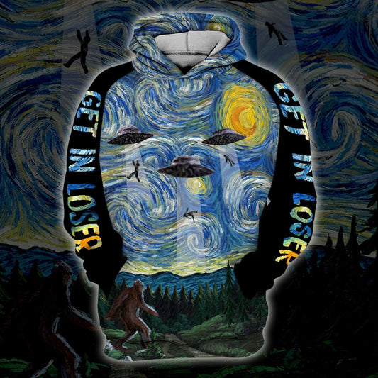 Unifinz Bigfoot Hoodie Bigfoot UFO Get In Loser Starry Night Hoodie Apparel Adult Full Size Full Print 2022