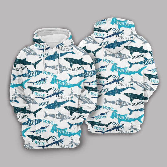  Shark Hoodie Surf Wave Beach Types Of Shark Silhouette Pattern White Hoodie Apparel Adult Full Size Full Print