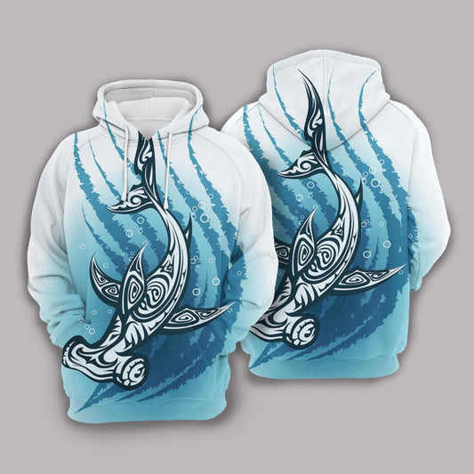  Shark Hoodie Hammerhead Shark Polynesian Style Blue White Hoodie Apparel Adult Unisex Full Print