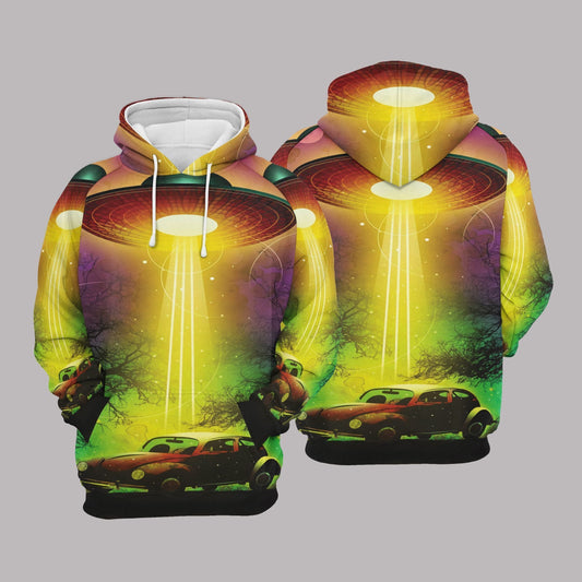 Unifinz UFO Hoodie UFO Abduction Car Yellow Green Hoodie Apparel Adult Full Print 2022