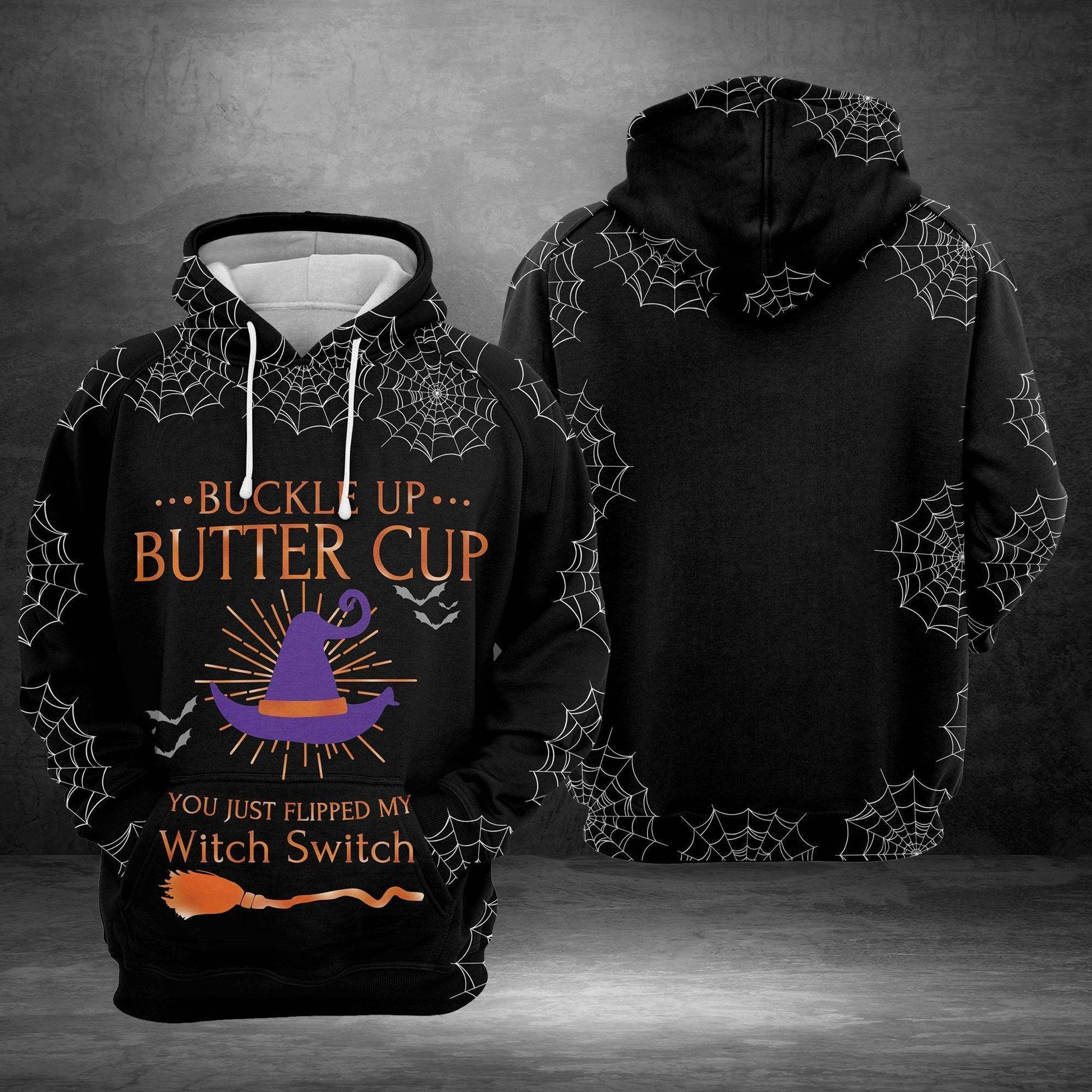 Halloween Hoodie Witch Hoodie Buckle Up Butter Cup You Just Flipped My Witch Switch Spiderweb Black Hoodie