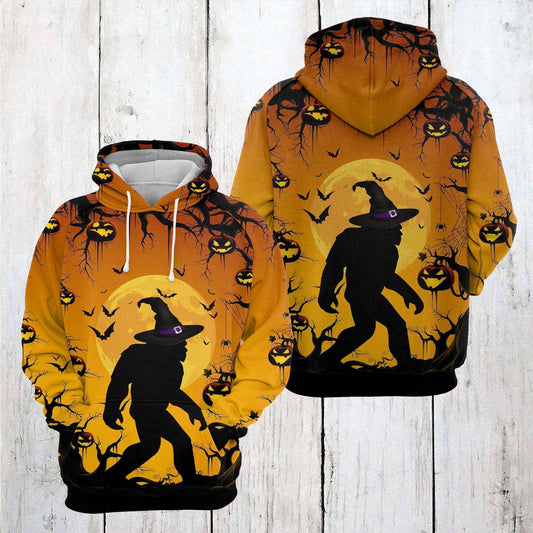 Unifinz Bigfoot Halloween Hoodie Bigfoot Witch Hat Halloween Hoodie Apparel Yellow Orange Full Print Adult Unisex 2022