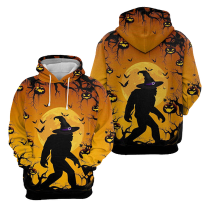 Unifinz Bigfoot Halloween Hoodie Bigfoot Witch Hat Halloween Hoodie Apparel Yellow Orange Full Print Adult Unisex 2022