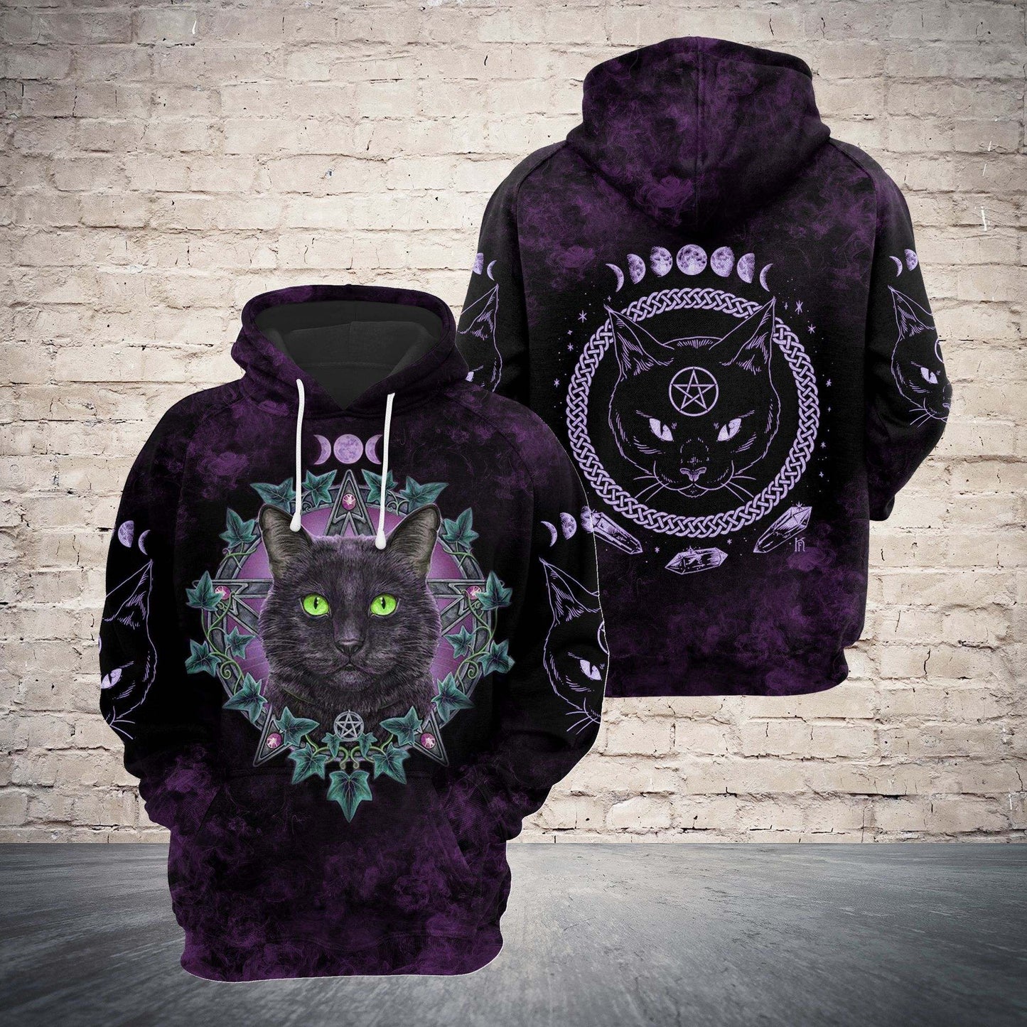 Halloween Hoodie Witch Hoodie Black Cat Witchcraft Moon Crystal Purple Hoodie